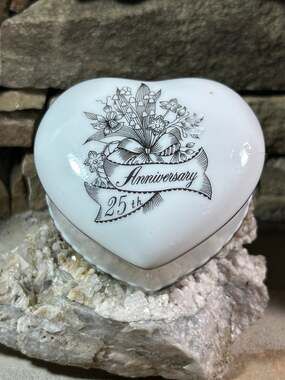 25 Anniversary Heart Trinket box ceramic white silver accents